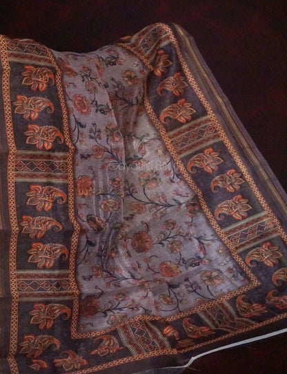 Baby Brown Mix With Pink Floral Design Printed Semi Chanderi Saree By Gayathri Reddy Designer Studio