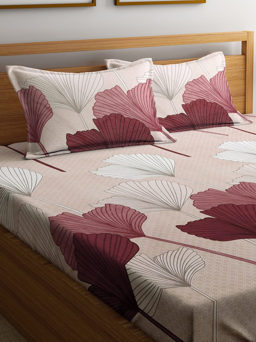 KLOTTHE Beige Floral 300 TC Cotton Blend Double Bedsheet Set