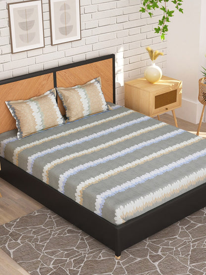 Story@home Grey & Peach-Coloured Striped 180 TC Queen Bedsheet With 2 Pillow Covers