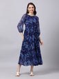Souchii Navy Blue Floral Layered Chiffon A-Line Midi Dress