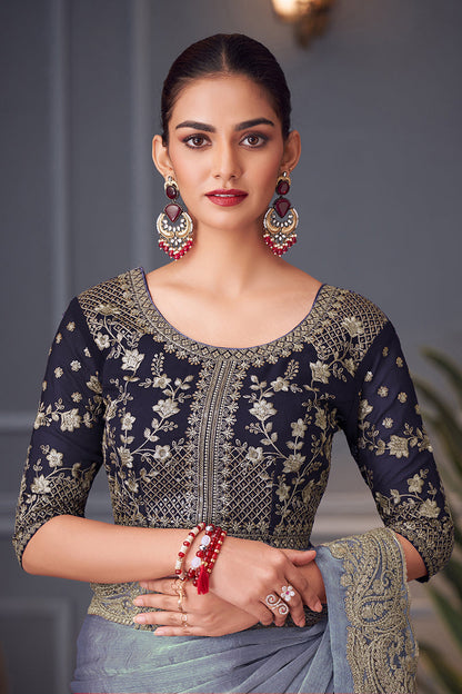 Monjolika Fashion Steel Grey Embroidered Double Tone Silk Blend Designer Saree