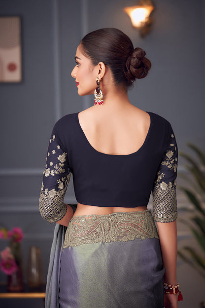 Monjolika Fashion Steel Grey Embroidered Double Tone Silk Blend Designer Saree