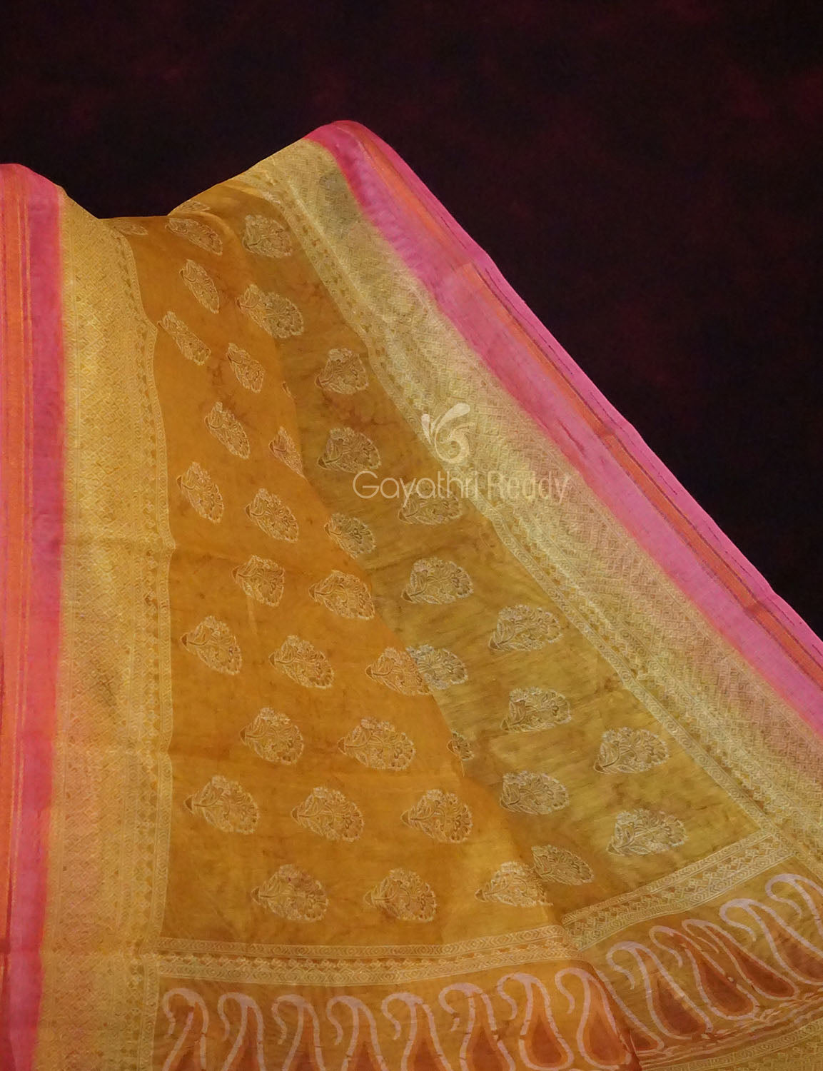 Dry Mehendi Colored Block Print Semi Chanderi Saree By Gayathri Reddy Designer Studio