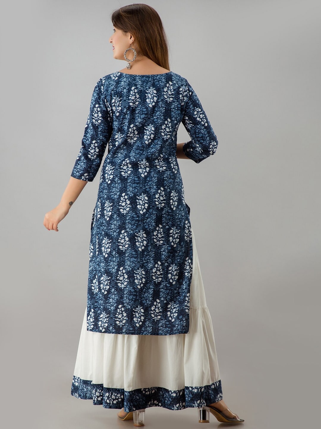 HERE&NOW Blue & White Boat Neck Floral Printed Kurta with Skirt