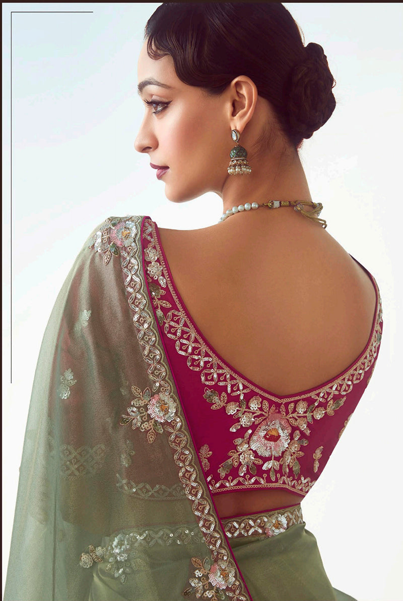 Monjolika Fashion Sage Green Embroidered Cut Work Fancy Fabric Ceremonial Designer Saree