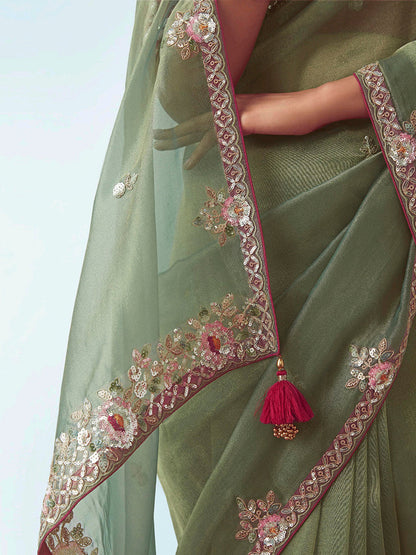 Monjolika Fashion Sage Green Embroidered Cut Work Fancy Fabric Ceremonial Designer Saree