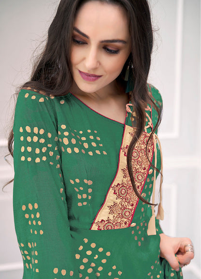 Monjolika Fashion Green Muslin Foil Print Party Wear Kurti