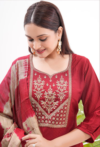 Monjolika Fashion Silk Embroidered Maroon Readymade Salwar Kameez