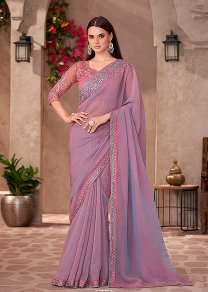 Monjolika Fashion Mauve Pink Georgette Embroidered Border Work Function Wear Saree