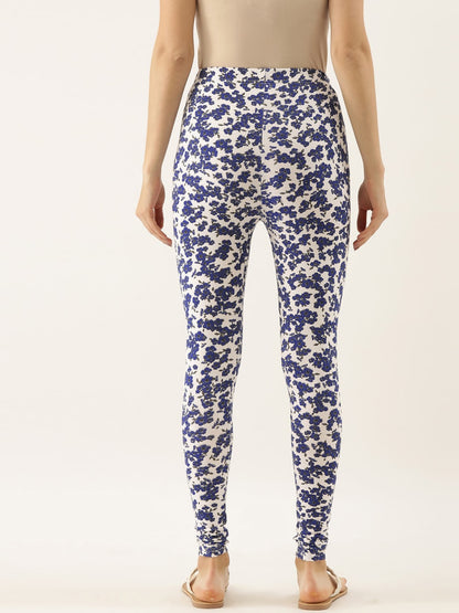 Souchii Women White & Blue Printed Slim-Fit Ankle-Length Leggings