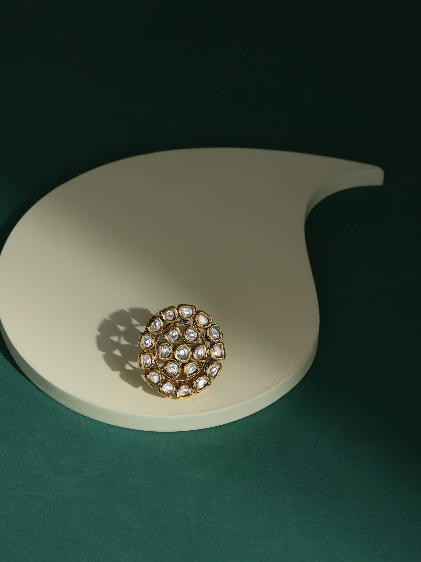 Gold-Polished White Kundan Studded Adjustable Finger Ring - Ruby Raang