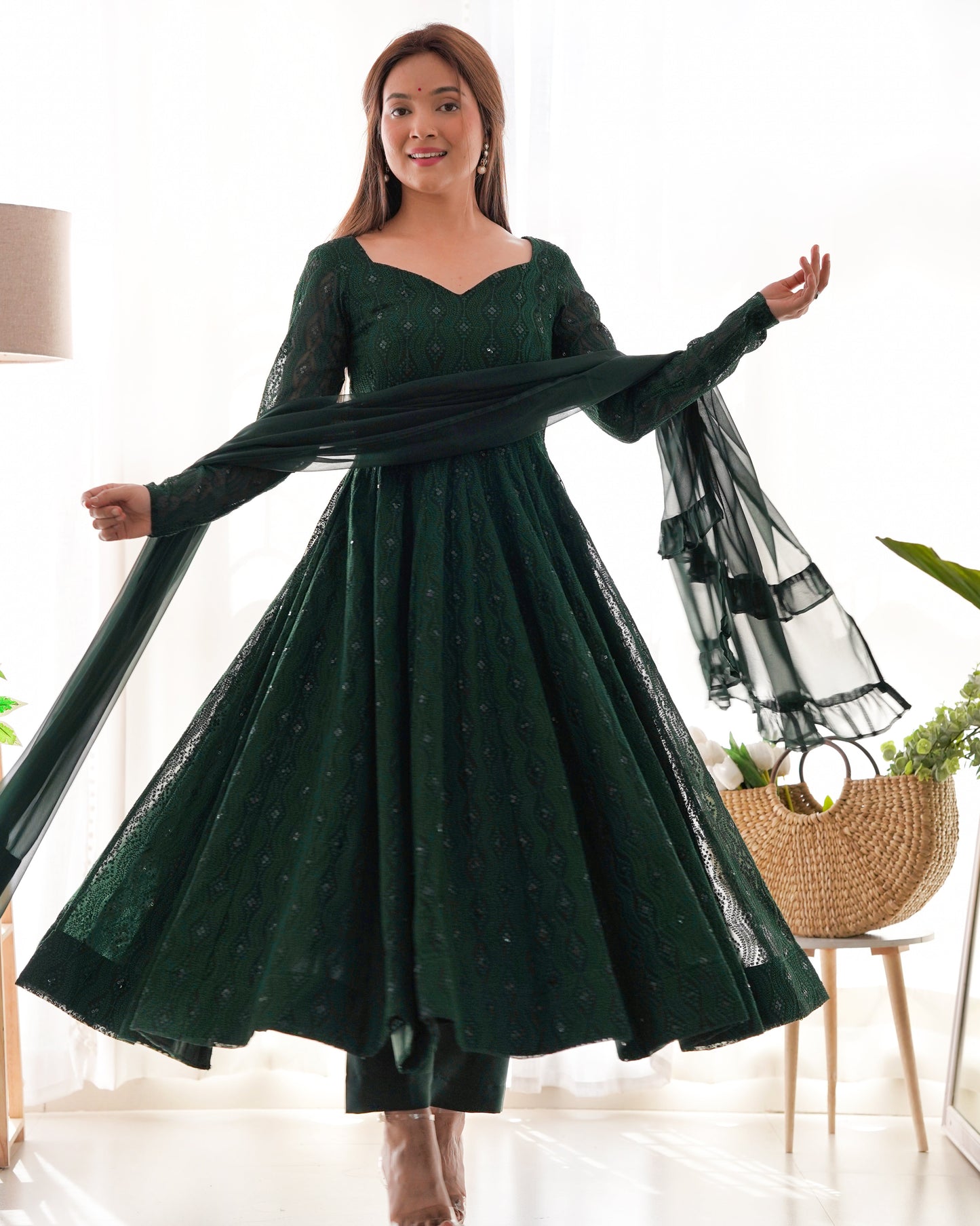 Lorenvalley Green Pure Soft Faux Georgette Lucknowi Sequence Work Anarkali Pant With Dupatta Set