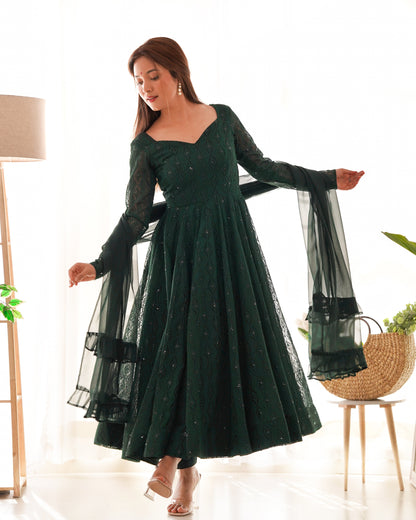Lorenvalley Green Pure Soft Faux Georgette Lucknowi Sequence Work Anarkali Pant With Dupatta Set