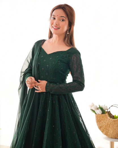 Lorenvalley Green Pure Soft Faux Georgette Lucknowi Sequence Work Anarkali Pant With Dupatta Set