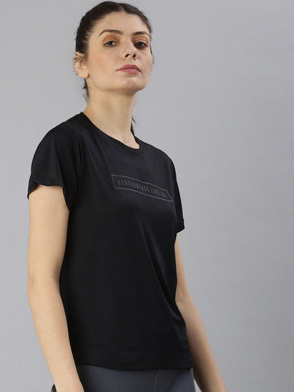MKH Women Black Typography Dri-FIT Polyester Round Neck Sports T-shirt
