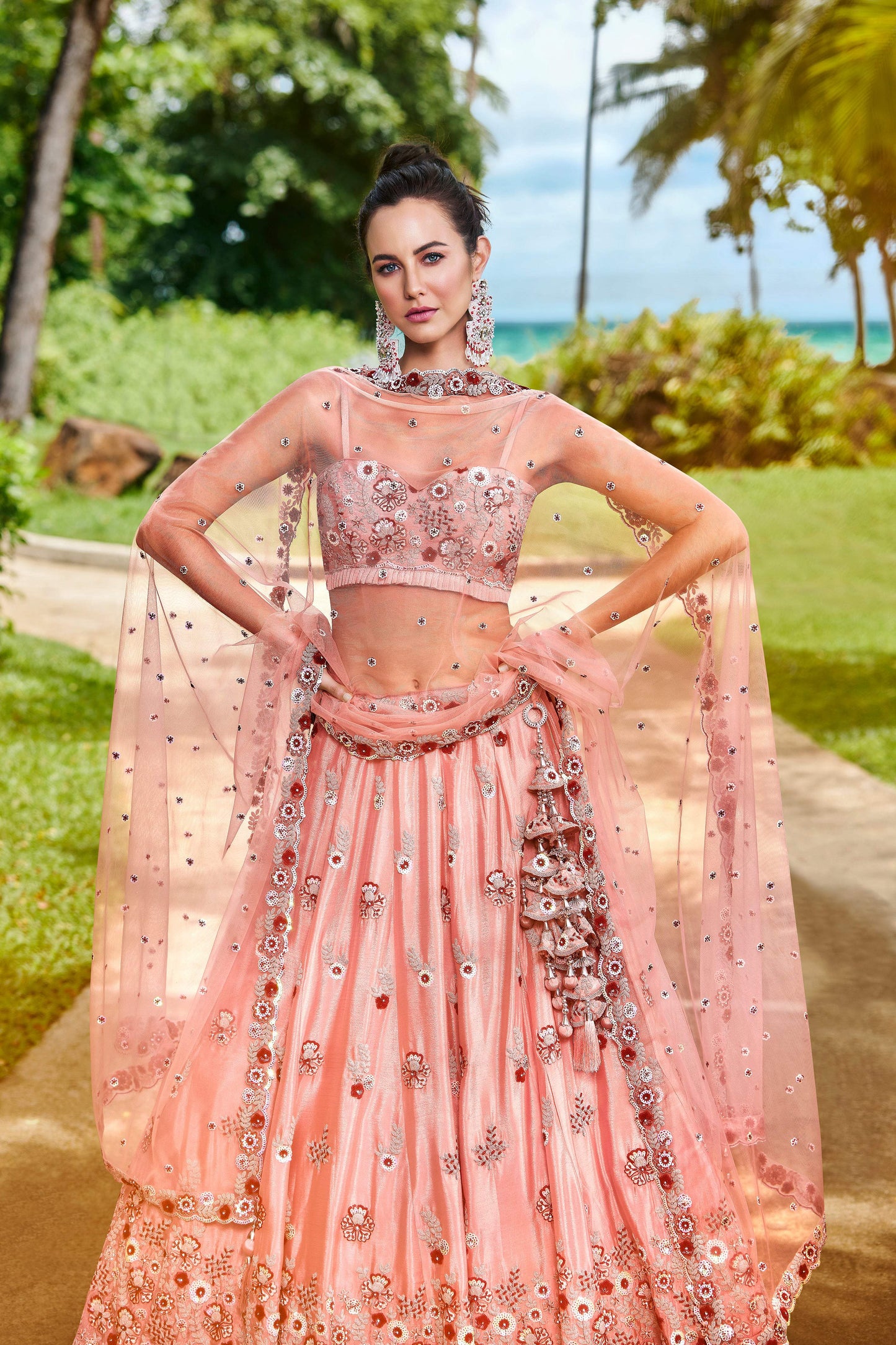 House of Panchhi Peach Pure Georgette Sequins, Zarkan And Thread Embroidery Lehenga Choli & Dupatta
