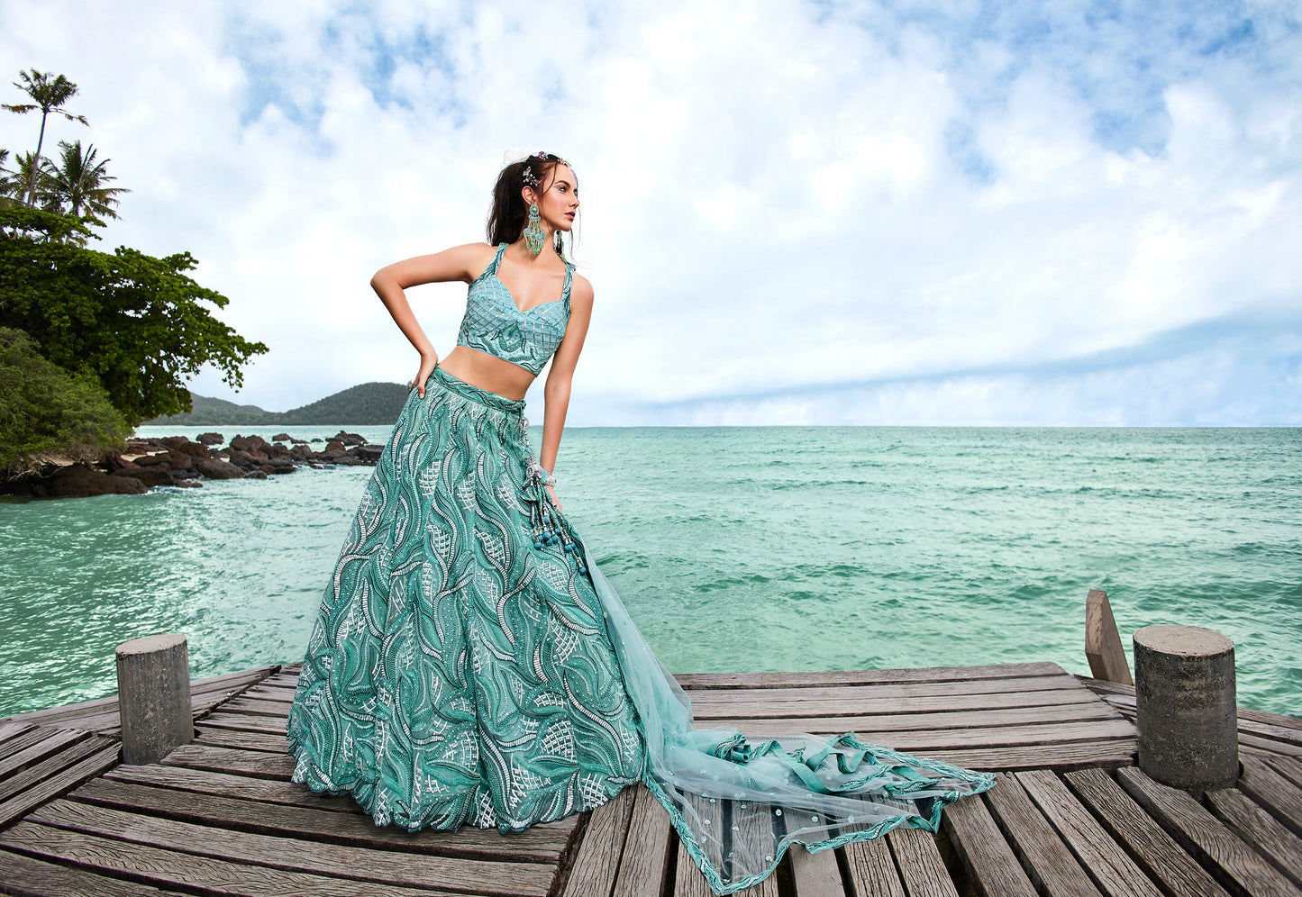 House of Panchhi Turquoise Blue Net Sequins, Zarkan And Thread Embroidery Lehenga Choli & Dupatta