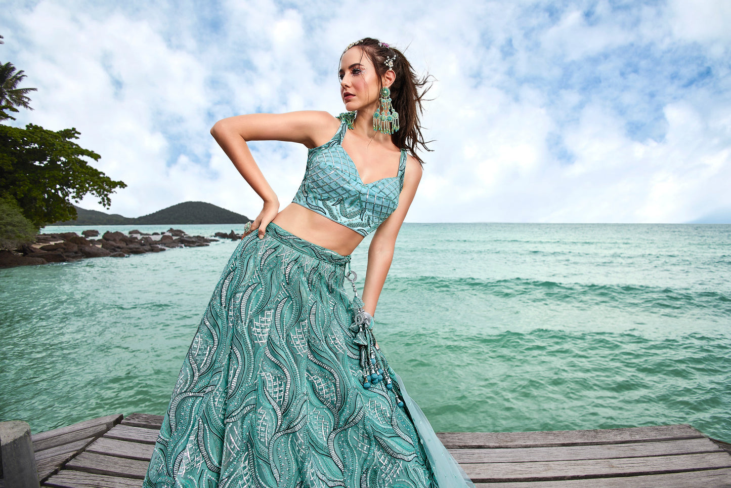 House of Panchhi Turquoise Blue Net Sequins, Zarkan And Thread Embroidery Lehenga Choli & Dupatta