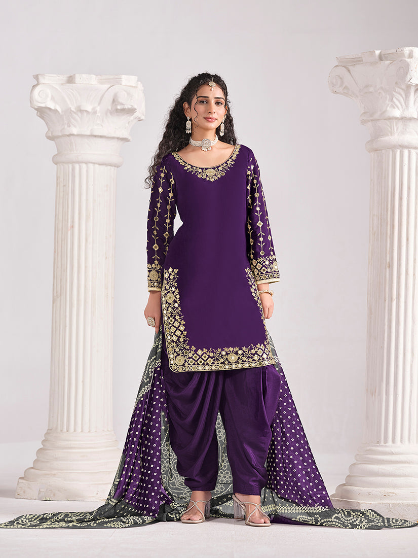 Monjolika Fashion Embroidered Chanderi Silk Purple Mirror Work Salwar Kameez