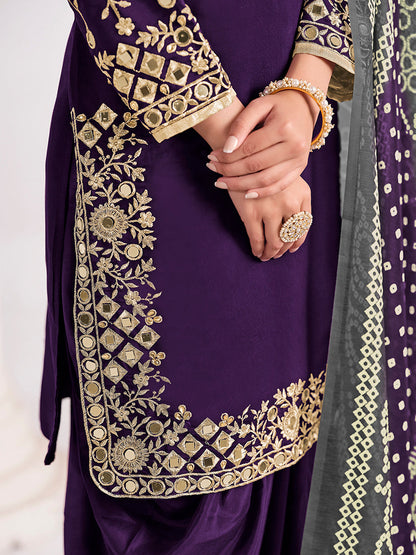 Monjolika Fashion Embroidered Chanderi Silk Purple Mirror Work Salwar Kameez