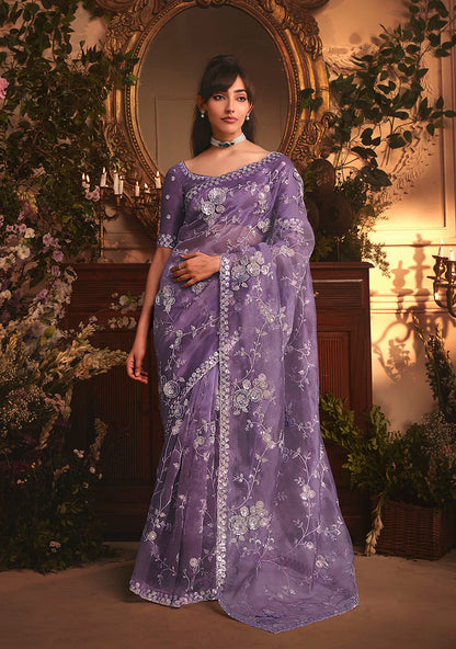 Monjolika Fashion Designer Purple Tissue Organza Saree With All Over Butta Work & Heavy Stone Embellished Border