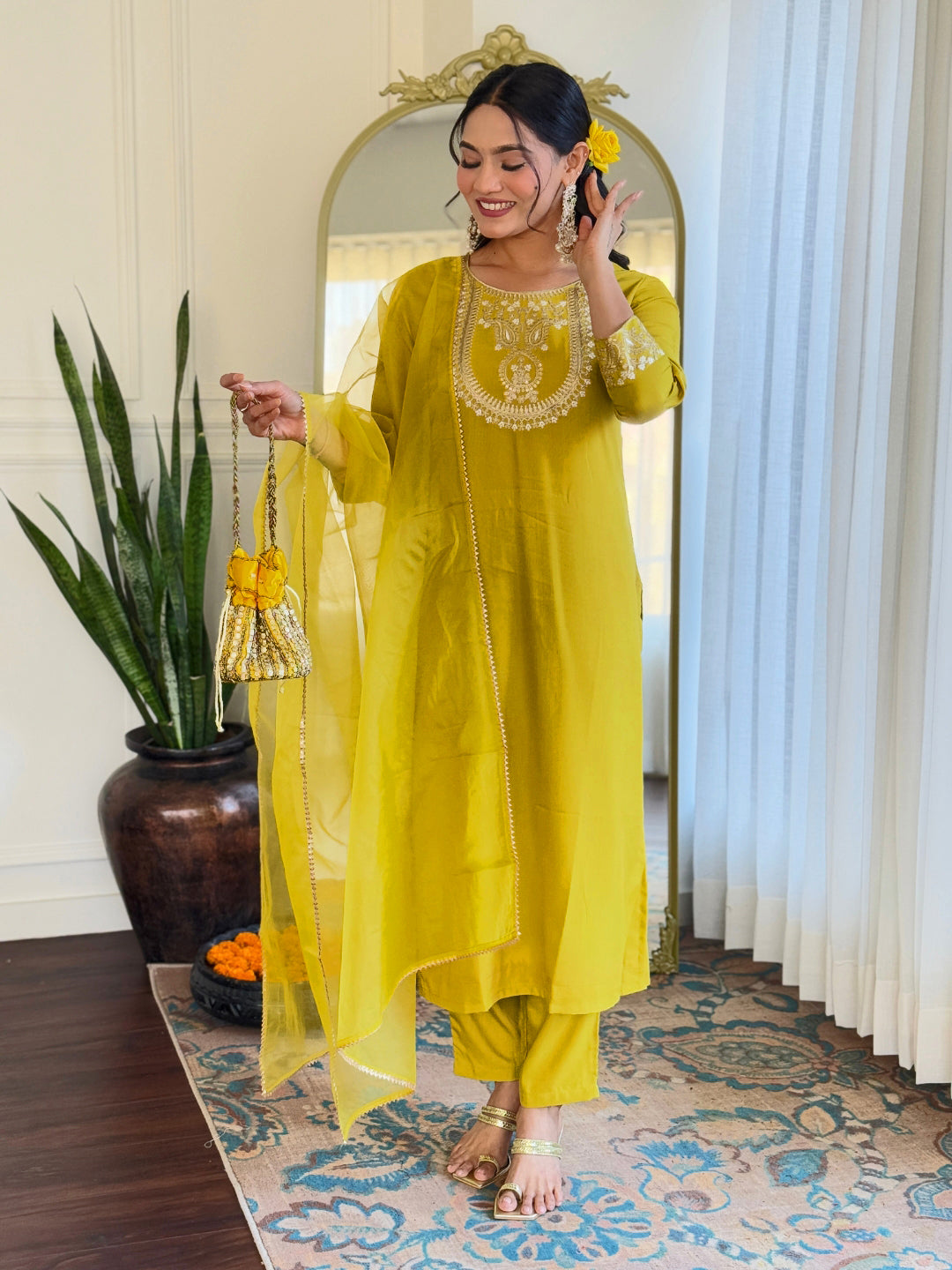 The52 Beautiful Embroidery Work with Rayon Slub Fabric Straight Kurta, Pant and Dupatta Set