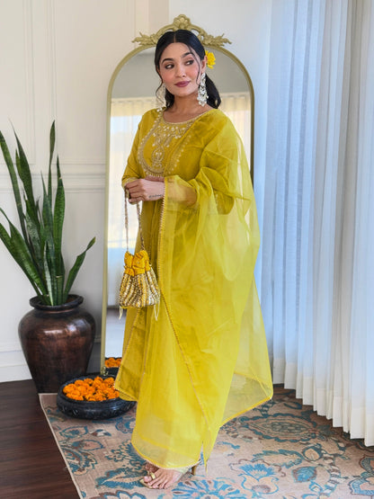 The52 Beautiful Embroidery Work with Rayon Slub Fabric Straight Kurta, Pant and Dupatta Set