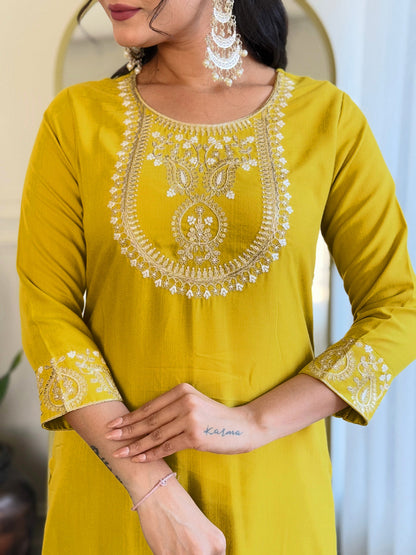 The52 Beautiful Embroidery Work with Rayon Slub Fabric Straight Kurta, Pant and Dupatta Set