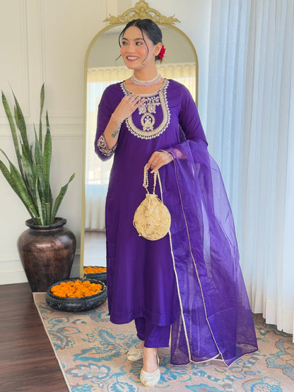 The52 Beautiful Embroidery Work with Rayon Slub Fabric Straight Kurta, Pant and Dupatta Set