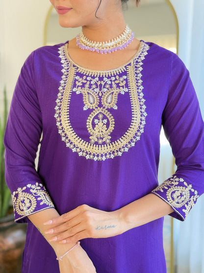 The52 Beautiful Embroidery Work with Rayon Slub Fabric Straight Kurta, Pant and Dupatta Set