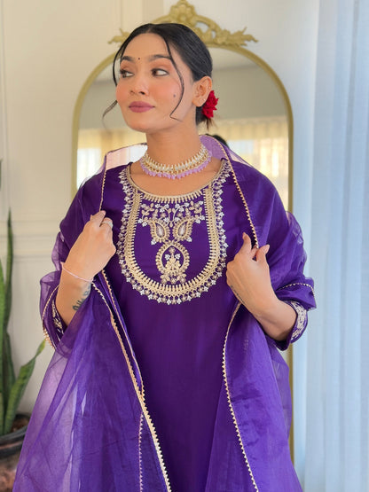 The52 Beautiful Embroidery Work with Rayon Slub Fabric Straight Kurta, Pant and Dupatta Set
