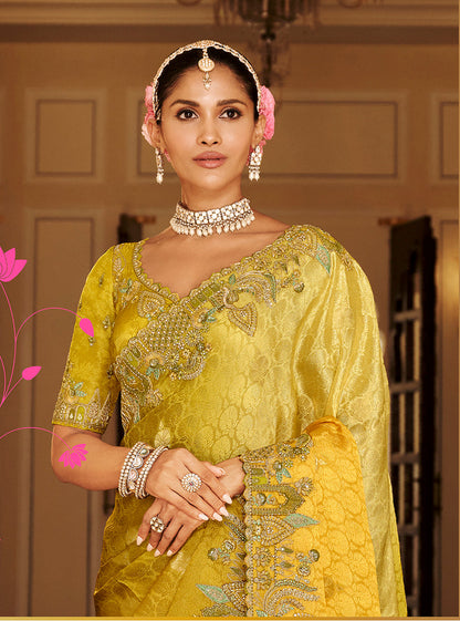 Monjolika Fashion Silk Blend Silk Saree In Mustard Yellow With Rich Meenakari Zari Weaving