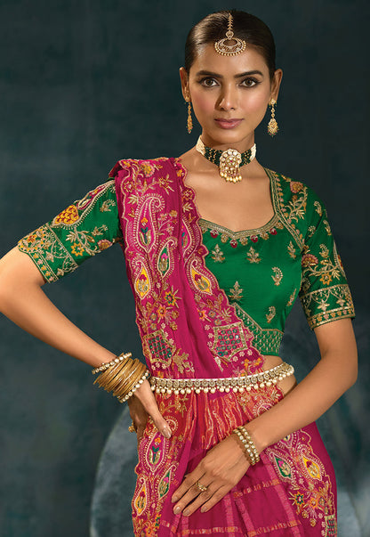 Monjolika Fashion Rani Pink Color Gajji Silk Cutdana Moti Mirror Work Beautiful Border Saree
