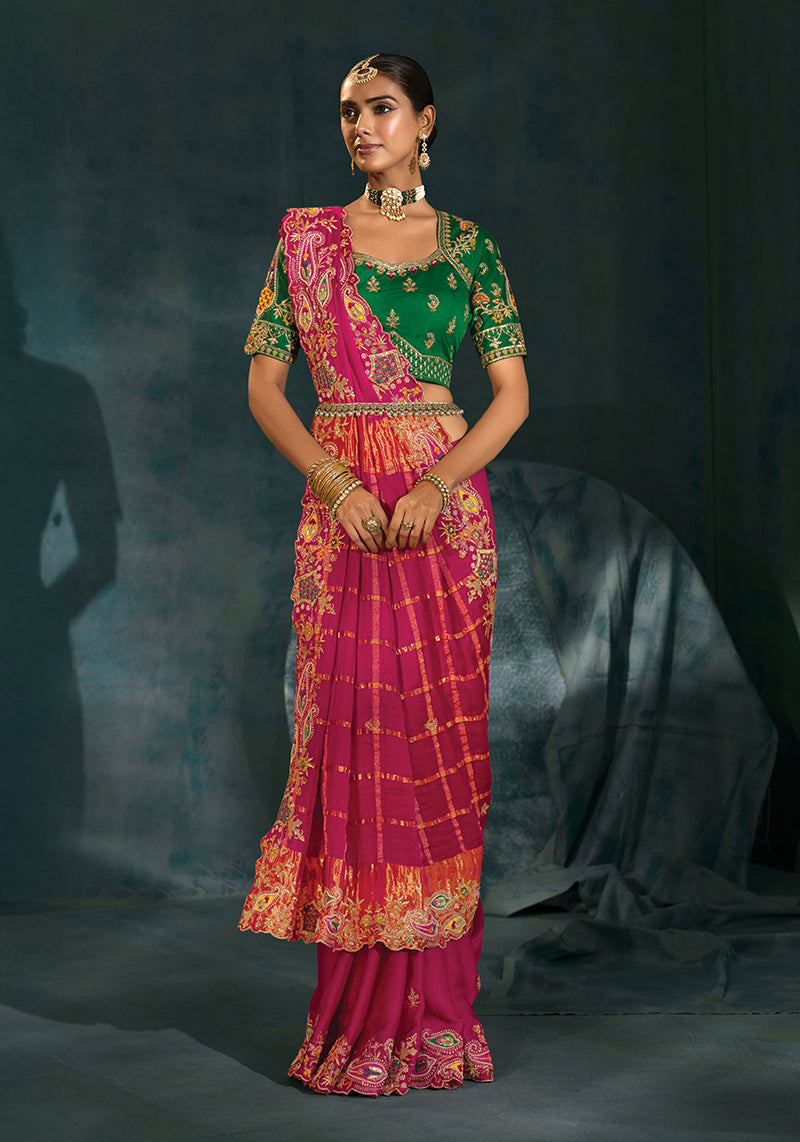 Monjolika Fashion Rani Pink Color Gajji Silk Cutdana Moti Mirror Work Beautiful Border Saree
