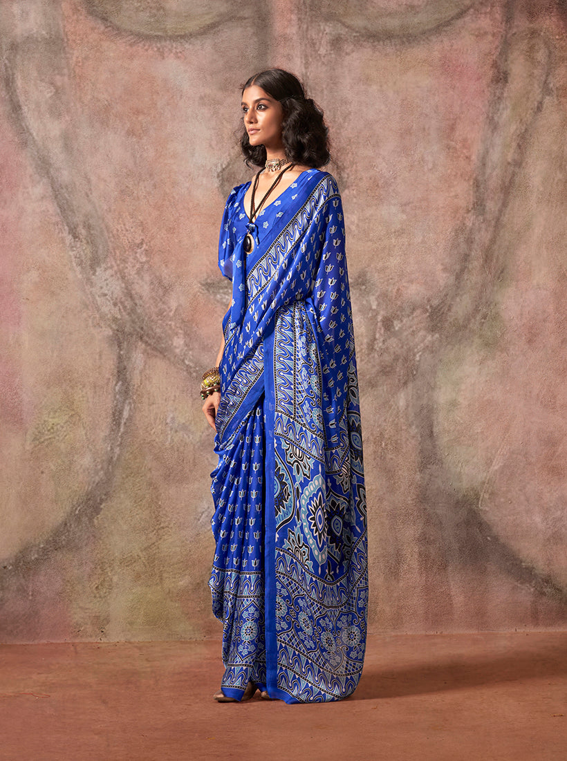 Monjolika Fashion Blue Color Ajrakh Print With Bandhej Pattern Satin Georgette Saree