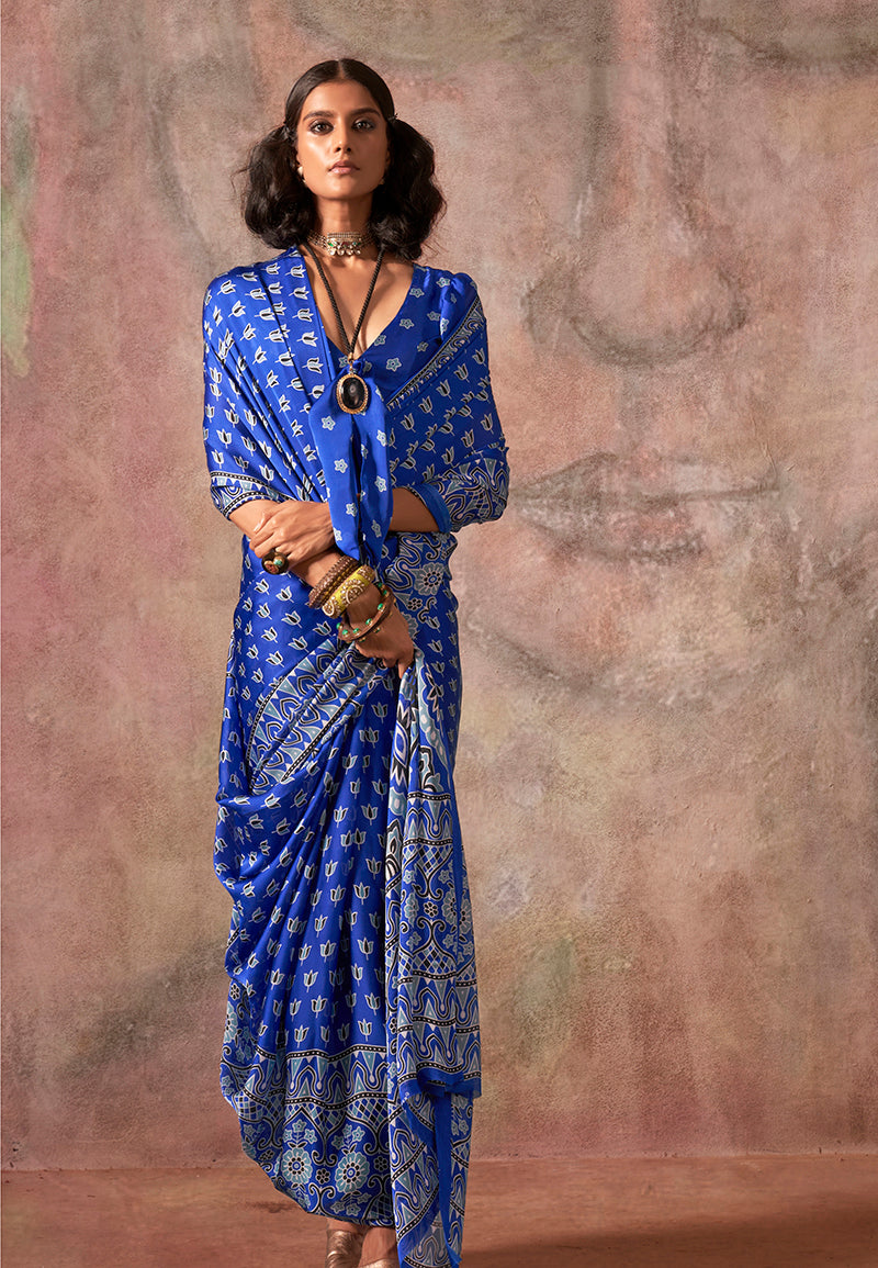 Monjolika Fashion Blue Color Ajrakh Print With Bandhej Pattern Satin Georgette Saree
