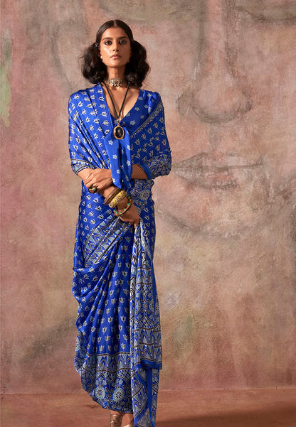 Monjolika Fashion Blue Color Ajrakh Print With Bandhej Pattern Satin Georgette Saree