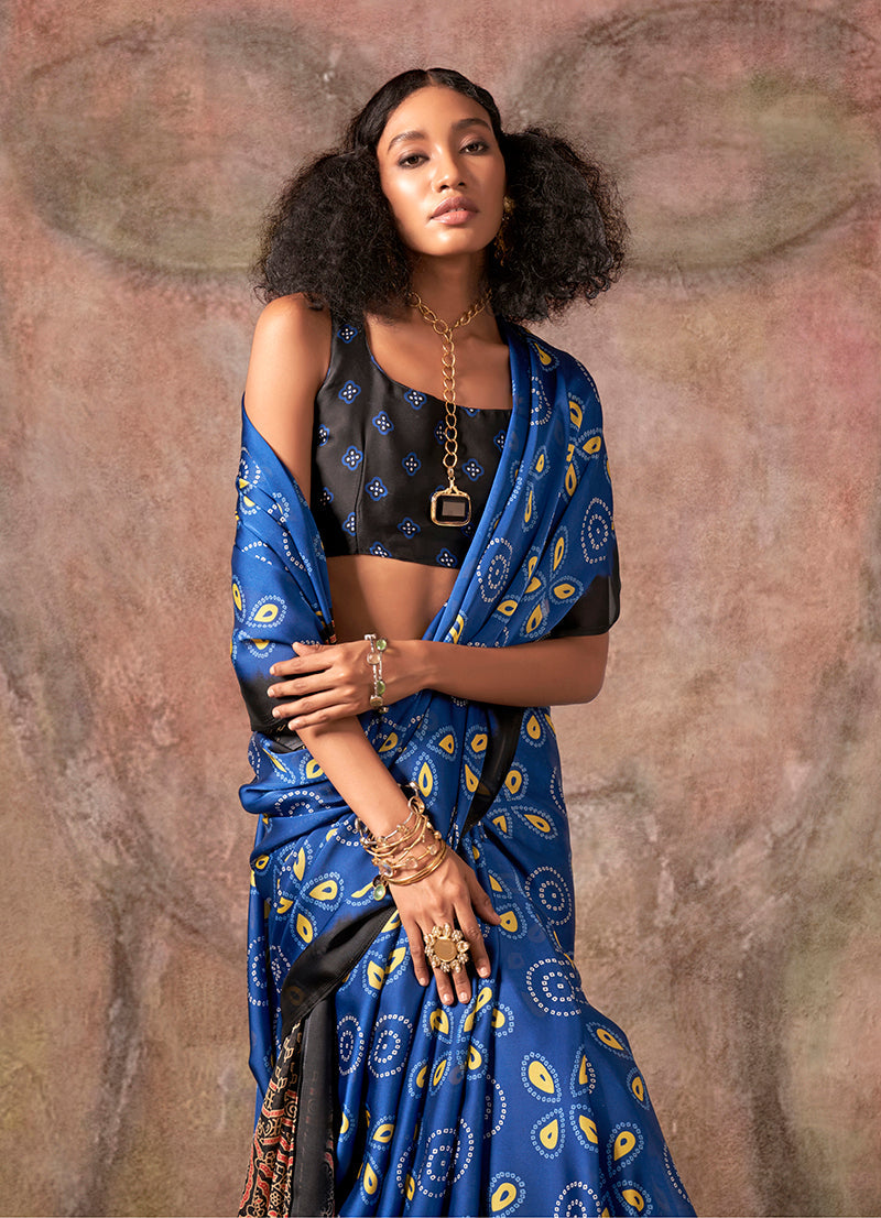 Monjolika Fashion Blue & Black Color Ajrakh Print With Bandhej Pattern Satin Georgette Saree