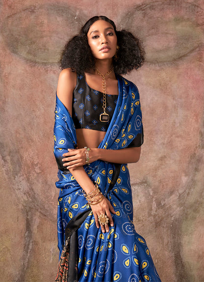 Monjolika Fashion Blue & Black Color Ajrakh Print With Bandhej Pattern Satin Georgette Saree