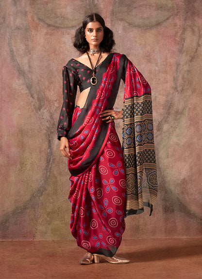 Monjolika Fashion Red Color Ajrakh Print With Bandhej Pattern Satin Georgette Saree