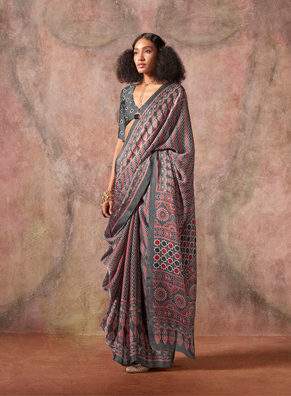 Monjolika Fashion Grey Color Ajrakh Print With Bandhej Pattern Satin Georgette Saree