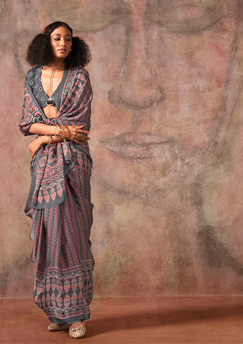 Monjolika Fashion Grey Color Ajrakh Print With Bandhej Pattern Satin Georgette Saree