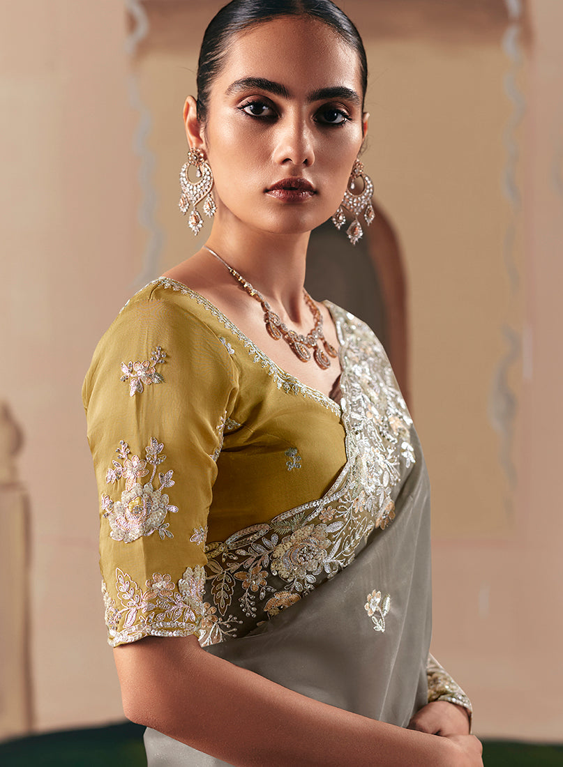 Monjolika Fashion Embroidered Grey Fancy Fabric Party Designer Saree