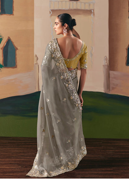 Monjolika Fashion Embroidered Grey Fancy Fabric Party Designer Saree