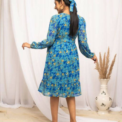 FIORRA Women's Navy Blue Georgette Floral Printed Western Dress