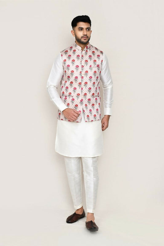 Joban Fashion White Colored Art Silk Fabric Kurta, Jacket With Straight Fit Pant