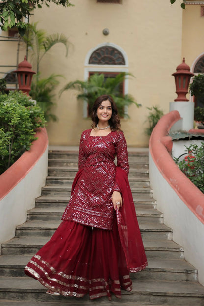 Vastranavya Premium Designer Heavy Sequins & Thread Embroidered work Top Sharara & Dupatta - Maroon