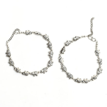 Mominos Fashion Kamal Johar Oxidised Elephant Design Silver Anklets