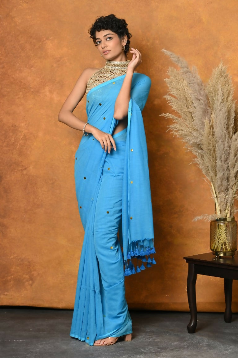 Very Much Indian Pure Mul Cotton Handloom Saree - Sky Blue