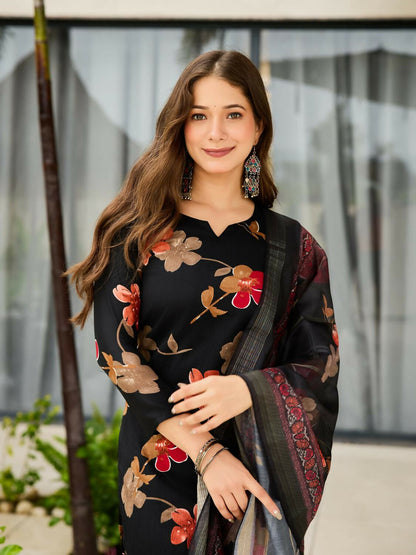 The52 Black Women's Gorgeous Printed Silk Blend Fabric Straight Kurta, Pant and Dupatta Set